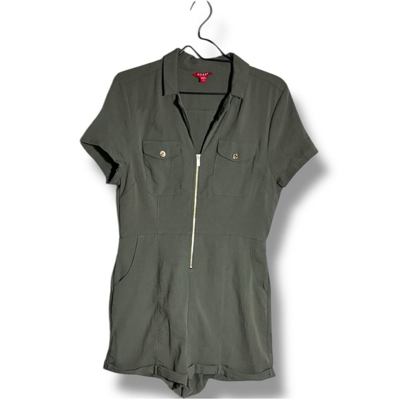 Guess Olive Green Military Style Rolled Hem Gold Zip Front Pockets Romper - Picture 12 of 16